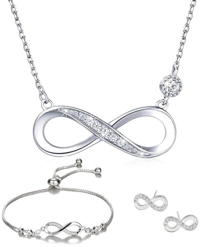Schmucksets für Damen 925 Sterling Silber Zirkonia Halskette Armkette Ohrstecker mit Anhänger Unendlichkeit Infinity Symbol Verstellbar Armband Halsketten Schmuck-Set für Geburtstag Roségold
