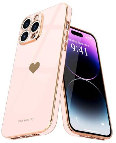 Teageo Kompatibel mit iPhone 14 Pro Max Hülle, Süße Herz Mädchen Handyhülle Luxuriös Galvanisierte Weich TPU Kameraschutz Kratzfest Stoßfest Schutzhülle Phone Case für iPhone 14 Pro Max, Licht Rosa