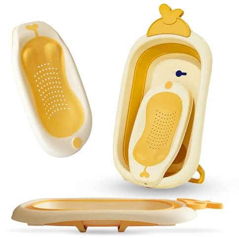 Baby Whispers Bañera Plegable Bebé Grande Con Soporte Integrado Antideslizante (83x51x10, Amarillo), Bañera Plegable Bebé Con Patas para Bebés y Niños