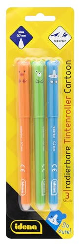 Idena 10858 - Set mit 3 radierbaren Gelstiften mit blauer Mine, Strichstärke 0,7 mm, Tintenroller mit Cartoon-Motiven