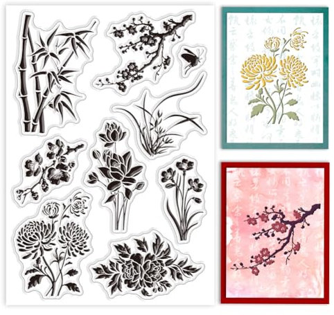 GLOBLELAND Chinesischen Blumen Transparente Stempel für Scrapbooking Plum Blossom Bamboo Klare Stamps Chrysanthemum Orchid Silikonstempel Für Kartengestaltung DIY Prägung Journaling