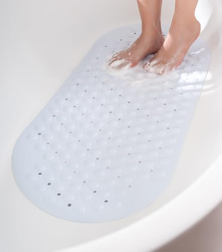 HITSLAM Oval Badewannenmatte rutschfest 88 x 40 cm, Lange Schimmelresistent Badematte, Badezimmer Duschmatte rutschfest BPA frei, Maschinenwaschbar Antirutschmatte Badewanne, Weiß
