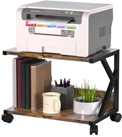Huhote 2 Tier Desktop Printer Stand, Under Desk Printer Table, Multi-Purpose Desktop Storage and Organize, Wood Printer Stand with Wheels for A5 Folders Scanner Fax Machine Microwave Oven (Brown)