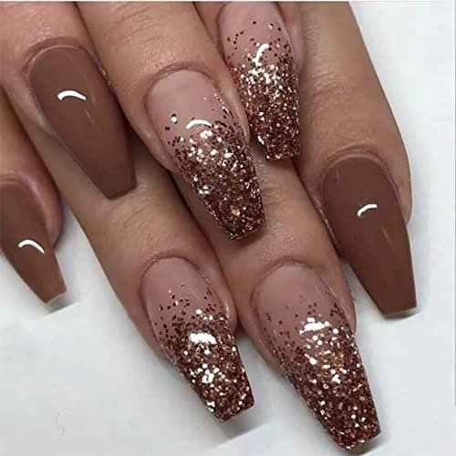 JUSTOTRY 24 Pcs Glitter Press on Nails Coffin Designs,Brown False Nails Long,Pretty Ballerina Stick on Nails for Women,Glossy French Fake Nail Medium for Nail Art Gifts