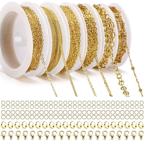 14m 6 Rollen Gliederkette Gold, Schmuckketten zum Basteln, Gliederkette Meterware, Halskettenketten Zubehör mit Ringen und Karabinerverschlüssen und U Ringen für Schmuck Diy Herstellung