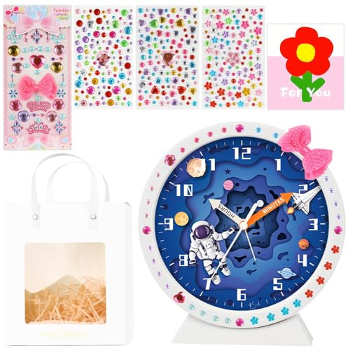 YIBONIKA Kinder Lernwecker ohne Ticken für Mädchen und Jungen, Analog mit DIY Glitzer Diamant Set Kinderwecker zur Einschulung Schulanfänger