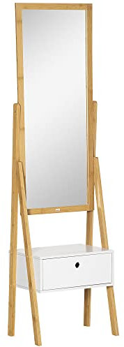 HOMCOM Miroir sur Pied avec tiroir de Rangement en Bambou et MDF - 45 x 30 x 160 cm - Blanc et Naturel