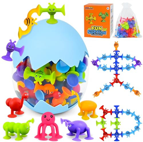 Ulikey Saugnapf Spielzeug für Kinder, 42 Stück Badespielzeug, Sensorik Montessori, Mit Dinosauriereier Aufbewahrung, Tierform Raupe Oktopus Silikon Badewannen für 3-8 Jungen Mädchen