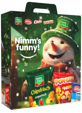 FunnyFrisch Adventskalender 2025, WERT 100€, Chips Advent Kalender, Knabberspaß, Snack Highlights von Funny Frisch, Ültje, Chio und Pom Bär