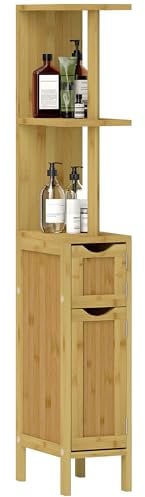 HOMCOM Colonne de Salle de Bain, Meuble de Salle de Bain, avec 2 étagères Ouvertes, 2 placards à Portes magnétiques, en Bambou, Bois Naturel