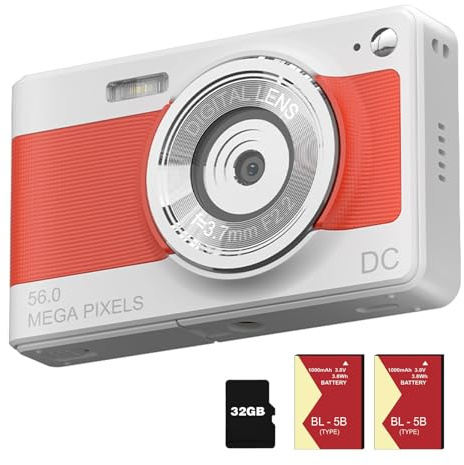 Digitalkamera 56MP FHD 1080P Fotokamera mit 32G Karte, Tragbare 8X Digitalzoom Mini Digitalkamera für Kinder, Anfänger, Teenager (Orange)