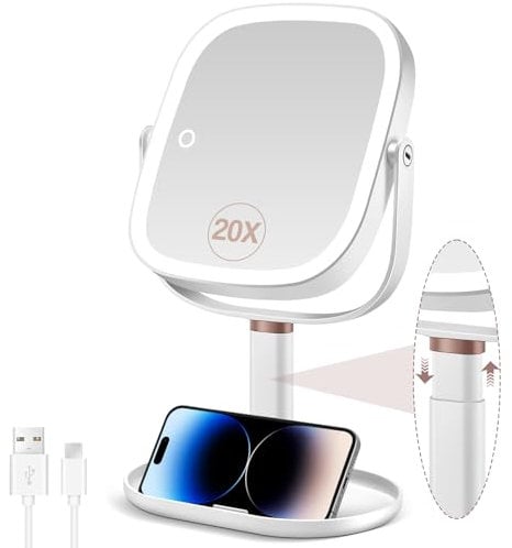 Schminkspiegel mit Beleuchtung, vergrößerungsspiegel 20fach mit 3 farbigen Lichtern, kosmetikspiegel mit vergrößerung mit doppelseitigem Schalter, Höhe anpassbar Vergrößerungsspiegel mit Licht