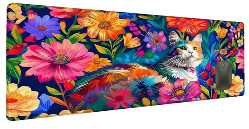 Mauspad Blume Schreibtischunterlage Katze Mousepad XXL 800x400mm, Mauspad Gaming Groß Desk Mat PC Zubehör Schreibtisch Deko, Maus Pad Wasserdicht Rutschfeste Gummibasis Schreibtisch Schutz Office R-6