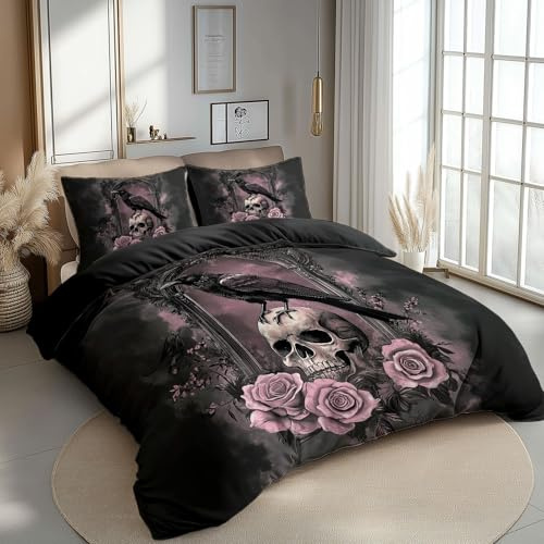 CozyRest Seersucker Bettwäsche, Mikrofaser Gothic-Stil Krähe Totenkopf Rose Bettbezug aus Atmungsaktive, Sommer Bettwäsche-Set mit Kissenbezug Schwarz Bettbezug mit Reißverschlus 180 x 200 cm