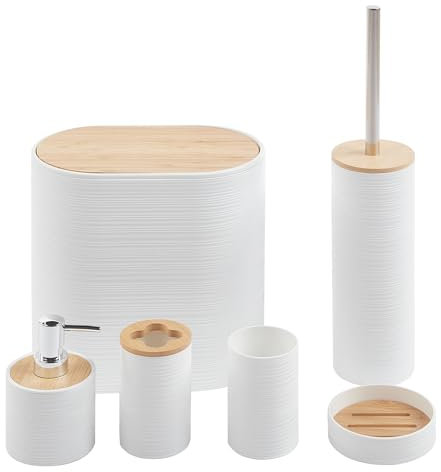 IlGruppone Set Completo Accessori Bagno 6 Pezzi Design Moderno in Plastica e bambù Incluso Cestino Pattumiera,Dispenser Sapone, PortaSaponetta, Porta Spazzolini - Bianco