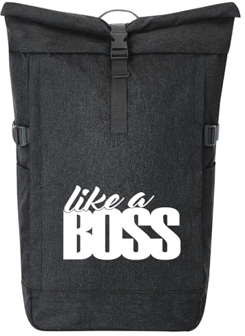 Huuraa Kurierrucksack like a Boss Spruch 30-44 Liter Black Melange Fairtrade Rolltop Rucksack Geschenkidee