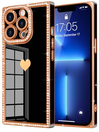 Urarssa for iphone 13 Pro Case Rectangle, with Glitter Diamonds, Black | Bling Sparkly Case with Cute Heart Pattern for Women Girls, Full Camera Protection Glossy Soft TPU Bumper Shockproof Cover