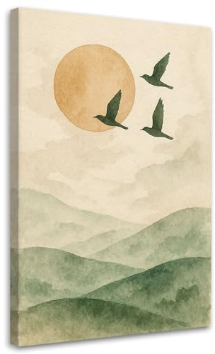 Feeby Leinwandbild - Bilder Wohnzimmer - Japandi Vögel Berge Aquarell - 40x60 1tlg - Deko Schlafzimmer - Wanddekoration - Aesthetic - Groß Moderne Bild - Foto auf Leinwand