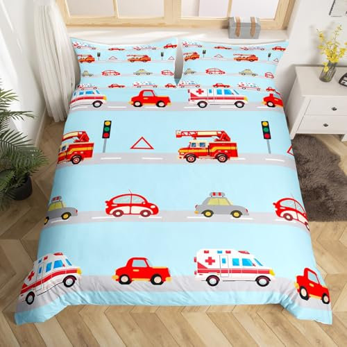 Homemissing Moderne Kinder Autos Drucken Bettwäsche Set 155x220cm Krankenwagen und Feuerwehr Bettbezug Set für Jungen Jugendliche Fahrzeug und Taxi Muster Bettwäsche-Set Blau Rot Weiß