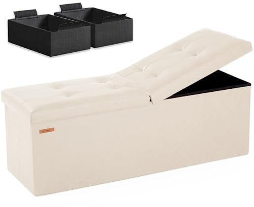 HAUSFRAU Sitzhocker mit Stauraum Sitzbank Hocker klappbar Aufbewahrungsbox, bis 300 kg belastbar, Fußbank für Wohnzimmer Schlafzimmer Flur, 110x38x38 cm, Kunstleder Elfenbein