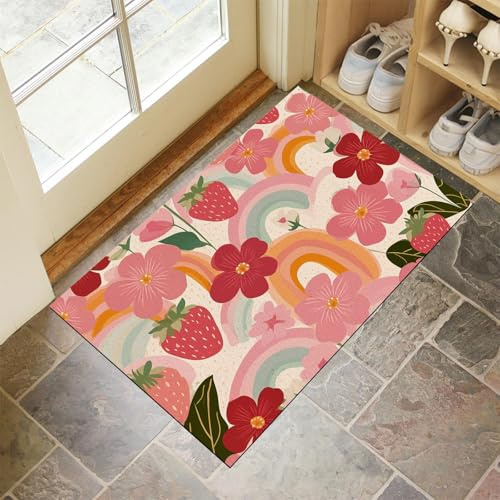 JEDTAKCT 80X120Cm Washable Small Entryway Area Rugs, Front Door Mat Rainbow Flowers Indoor Machine Mats, Cute Strawberry Non Slip Low Pile Mat For Bedroom Nursery Kids Room Entry Blush Pink