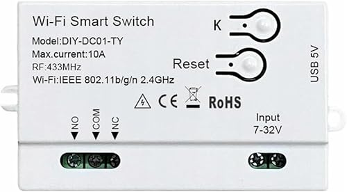 WLAN Relais potentialfrei NC/NO | Versorgung DC 7–32V oder 5V microUSB | 10A WiFi + RF 433 MHz | Fernsteuerung & Sprachsteuerung | kompatibel mit TUYA Smart, Smart Life, Google Home, Amazon Alexa