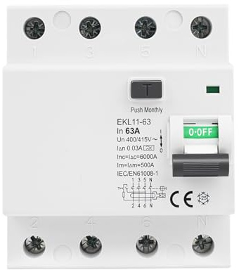 Jadeshay Magnetotermico Differenziale 30mA 63A 4P RCCB Interruttore Magnetotermico Differenziale Tipo A Interruttore di Protezione dalle Perdite AC400V EKL11-63 Protezione IP20(AC400V 63A 4P)