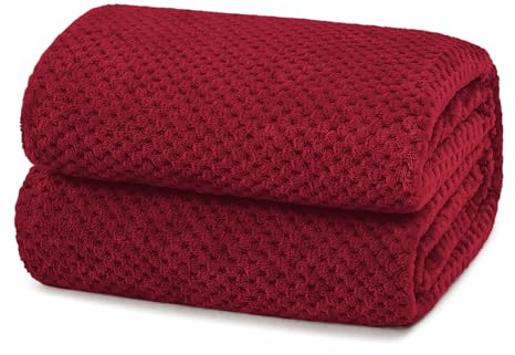 Yebeda Coperta Plaid Pile per Divano e Letto Matrimoniale, 230 x 270 cm | Coperta in Flanella a Motivo Waffle, Leggera, Morbida, Calda, Copridivano, Copriletto per Tutte le Stagioni, Rosso Vinaccia