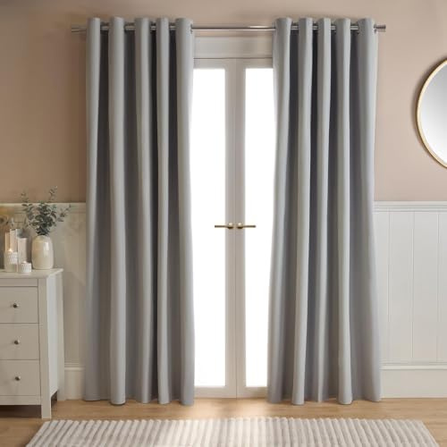 OHS Silver Blackout Curtains for Living Room, Decorative Soft Woven Texture Lined Curtains Bedroom Modern Thermal Insulated Eyelet Blackout Curtain 2 Panels 90 x 90