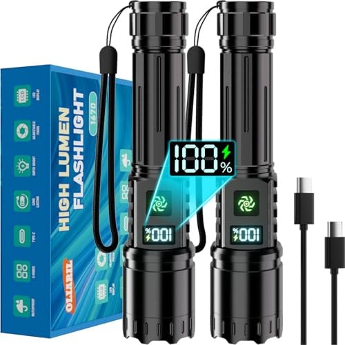 Torch Rechargeable 2 Pack, Torches Led Super Bright 500,000LM Flashlight | LCD Display, Long Range & Long Lasting, Zoomable, Waterproof, 5 Modes, Tactical Powerful Torch for Camping Home Hiking