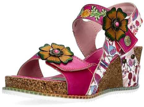 Laura Vita Damen Sandalette Boho mit Blumenmuster und Keilabsatz Bonito 38, Größe:41 EU, Farbe:Pink