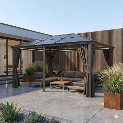 Jet-Line Aluminium Luxus-Pavillon Tamuros 3,6x4,8 m Anthrazit – Großer Gartenpavillon mit Lamellendach, wetterfest & stabil, Moderne Pergola mit UV-Schutz für Garten und Terrasse