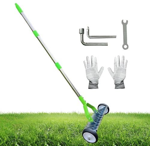 Râteau à Gazon | Outil de Jardinage Robustes avec Manche Réglable | Râteau Rouleau Désherbeur pour Mousse et Chaume - pour Feuilles Débris Cour Jardin Terrain Maraîcher Jardiniers Adultes Seniors