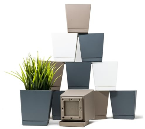 QILZO Vasi Fiori Plastica da Esterno Interno 10 cm | Set di 12 Vasi, Neutri | Moderni Quadrati | Con Fori di Drenaggio e Sottovaso | Plastica Dura | Resistente ai Raggi UV