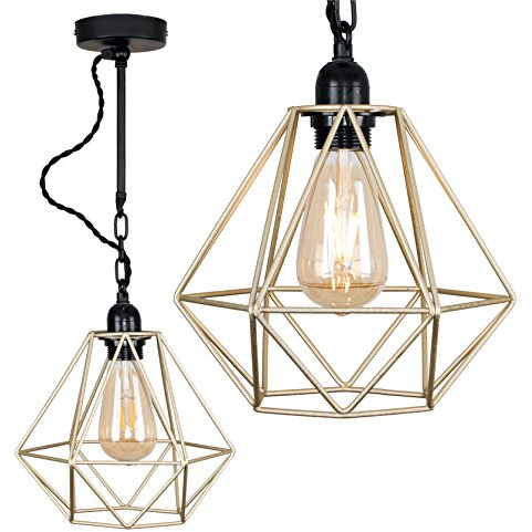 MiniSun | Industrial Steampunk Style Satin Black Wall/Ceiling Light Fitting with a Gold Metal Cage Shade | Pendant Lights, Home Décor Essential | Includes Bulb [2700K Warm White] | Mains Wired