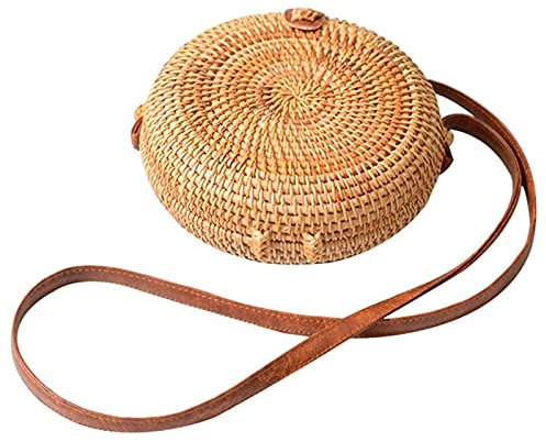 YOUTHUNION Rattan Bag Round Knitted Straw Bag Tropical Beach Style Crossbody Handwoven Tote Basket Bali Leather Strap Bags (Style 6)