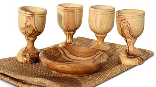 Kommunionstassen Set - Das Abendmahl aus Holz mit 4 mittelgroßen handgefertigten Olivenholzbechern perfekt für christliche Kongregationen und Kirche, für Zuhause & als Hochzeitsset, in einer
