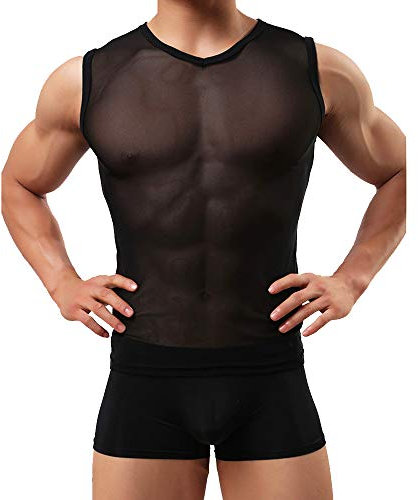 sandbank Men's Sexy Underwear T-Shirt Long Sleeve Mesh Sheer Top Undershirt Nightwear (M, Black # 2)