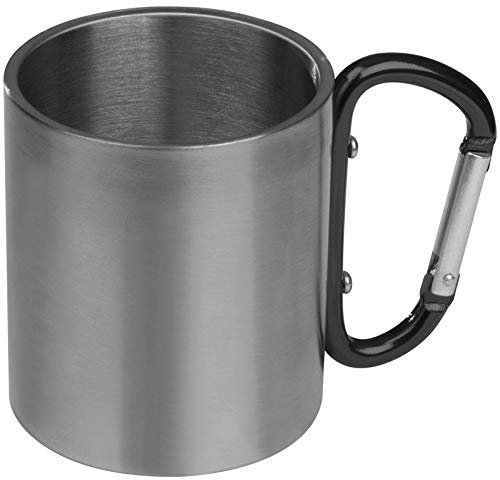 Doppelwandige Tasse aus Edelstahl mit Karabinerhaken / Farbe: silber-schwarz
