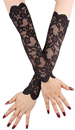 TiaoBug Damen Elegant Spitzen Handschuhe Ellenbogen lange Elastisch Handstulpen Brauthandschuhe Arm Stulpen Fäustlinge für Cosplay Oper Hochzeit Accessoires Schwarz A One Size