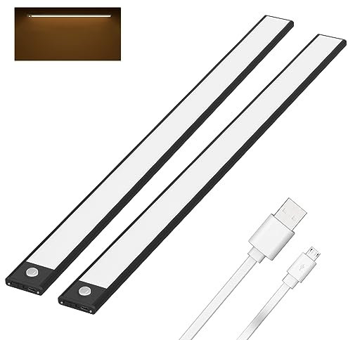 Klighten 2 Stück Schrankleuchten mit Bewegungsmelder, 60cm, LED Sensor Licht mit 113 LED, USB Wiederaufladbar Batterie Nachtlicht Schranklicht für Schrank Flur Küche, Auto/ON/OFF, Warmweiß, Schwarz