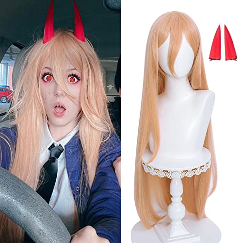 LABEAUTÉ Cosplay Wig with Horns for Girls Women Anime Long Straight Halloween Party Wig with Cap Orange