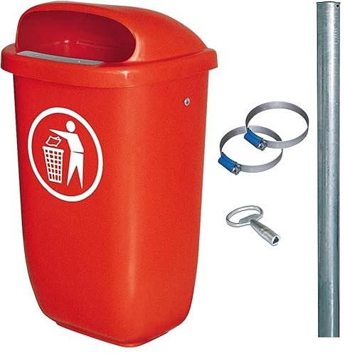 BRB Abfallbehälter für den Außenbereich, Inhalt 50 Liter, nach DIN 30713, im Komplettset mit verzinktem Rohrpfosten und Schellen (rot)