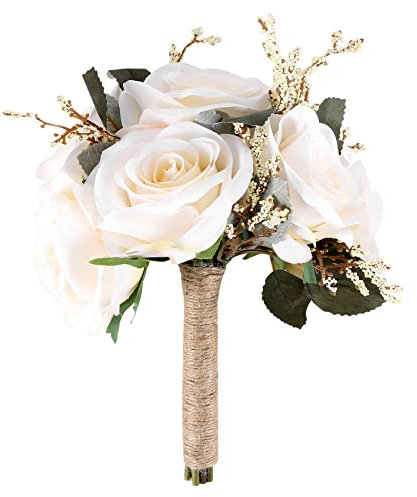 Hacbop Brautstrauß für Hochzeit, künstlicher Blumenstrauß, Braut, Brautjungfer, Blumenmädchen, Weiß, Medium, 25,4 x 20,3 cm, 1 Stück