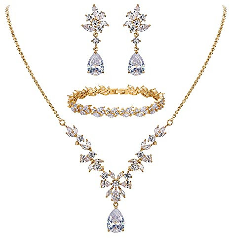 Clearine Parure Forme V Femme Mariage Série Feuilles Mignonnes avec Goutte d'eau Zircon Collier Boucles d'oreilles Pendantes Bracelet Ensemble Strass Ton d'or Rose Clair