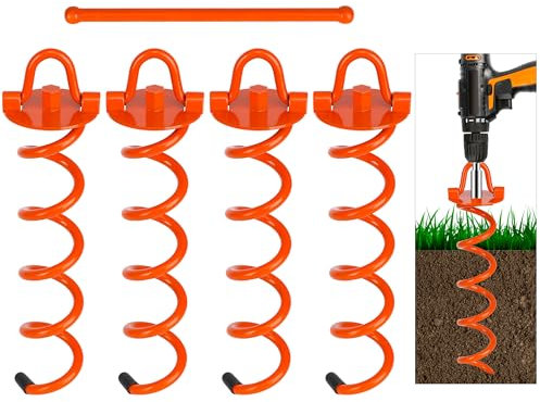FEED GARDEN 12.2 Inch Spiral Ground Anchors Heavy Duty Screw in Spiral Stakes, 4 Pack Folding Ring Ground Stakes for Securing Dogs,Tents, Trampolines, Canopies, Swing Sets,Orange
