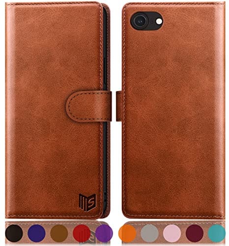SUANPOT [RFID Schutz für iPhone SE 2022/7/8/SE 2020 4,7-Zoll Hülle PU Leder Handyhülle Lederhülle Klapphülle Kartenfach Flip Cover für Apple SE 2022 Handy hülle Leather Wallet Phone Case Hellbraun