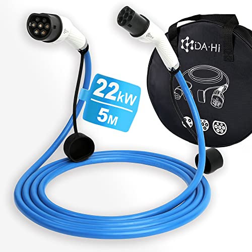 DA • Hi EV Ladekabel Typ 2 für Elektroauto und PHEV 22KW 5m 32A 3-phasig, in Weiß-Blau, IP54 Wind-, Regen- und staubbeständig