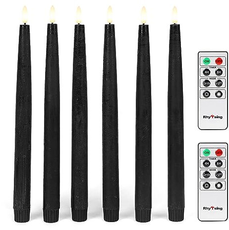 Rhytsing 29cm Black Flameless Taper Candles with Timer Function, Battery Operated Led Candlesticks Rustic Wax for Halloween, 2 Remotes Included - Set of 6