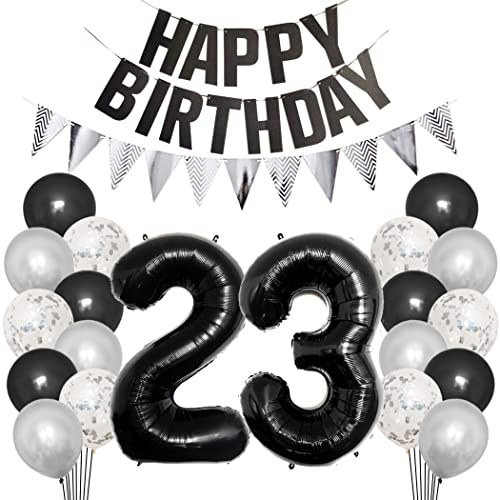 Borsgye 23. Geburtstag Deko Set 23 Jahr Geburtstagsdeko Ballon Männer Junge Frauen Schwarz Happy Birthday Banner Silber Glitzernder Dreiecks Banner Konfetti Luftballons Schwarz Folienballon Zahl 23